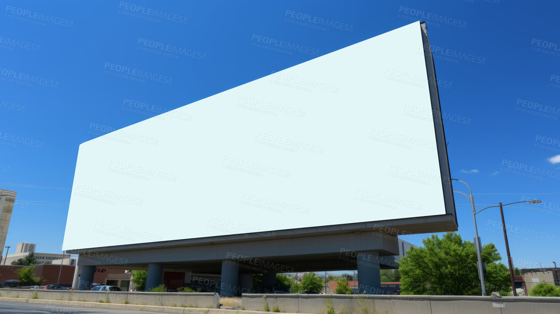 Buy stock photo City street, mockup space and advertising billboard, commercial product or logo design in city. Empty poster for brand marketing, multimedia and communication with announcement, urban and banner outdoor