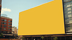 Building, mockup space and advertising billboard, commercial product or logo design in city. Empty poster for brand marketing, multimedia and communication with announcement, urban and banner outdoor