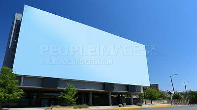 Building, mockup space and advertising billboard, commercial product or logo design in city. Empty poster for brand marketing, multimedia and communication with announcement, urban and banner outdoor