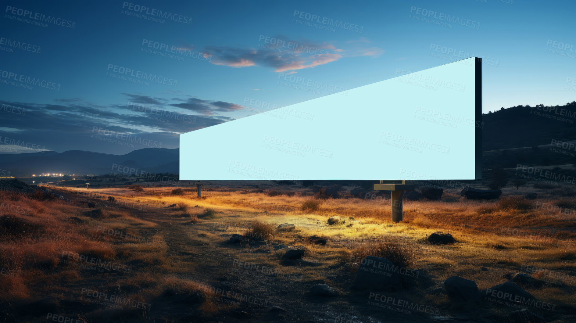 Buy stock photo Desert, mockup space and advertising billboard, commercial product or logo design in dry countryside. Empty poster for brand marketing, multimedia and communication for broadcast,  banner and outdoor