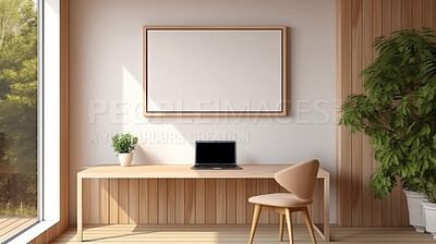 Furniture, private office and modern desk or table made of wood for apartment, hotel and home. Creative, innovation and lifestyle mockup with texture for professional, business and remote working