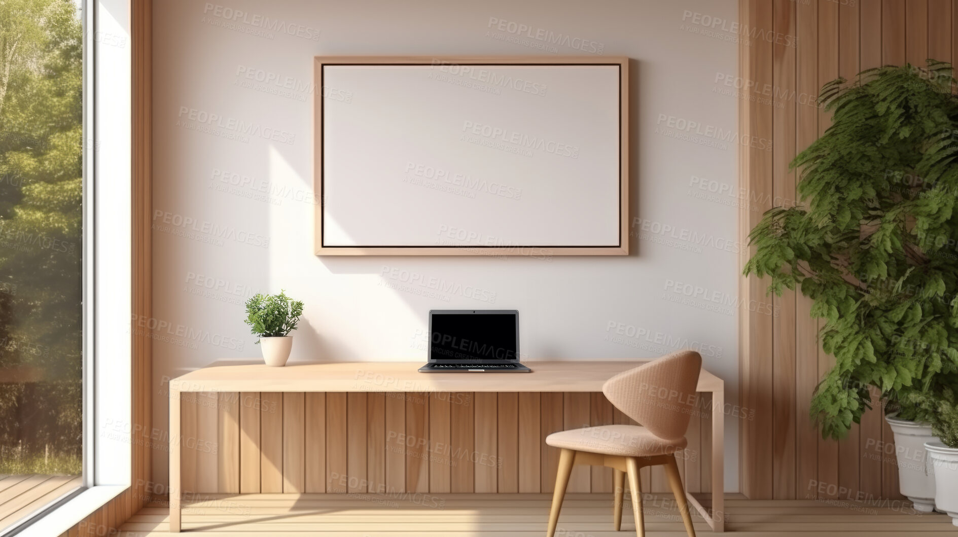 Buy stock photo Furniture, private office and modern desk or table made of wood for apartment, hotel and home. Creative, innovation and lifestyle mockup with texture for professional, business and remote working