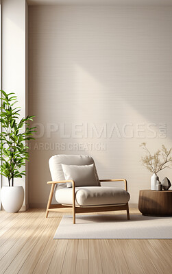 Living room, chair and home interior design with blank wall for apartment design and lifestyle. Cozy, modern and luxury furniture mockup space for text or frame for ideas and architecture inspiration