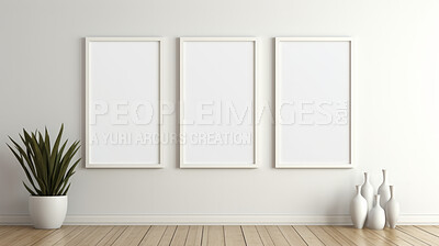 Blank, frame and canvas on a gallery room wall for mockup prints, graphic design and home interior. White, clean and empty space for art ideas collection, painting studio or creative inspiration
