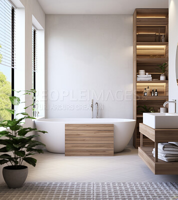Modern, bathtub and bathroom interior design with big window for apartment, hotel and home. Bright, clean and stylish wash room by white wall for relax, hygiene and luxury break in indoor decoration