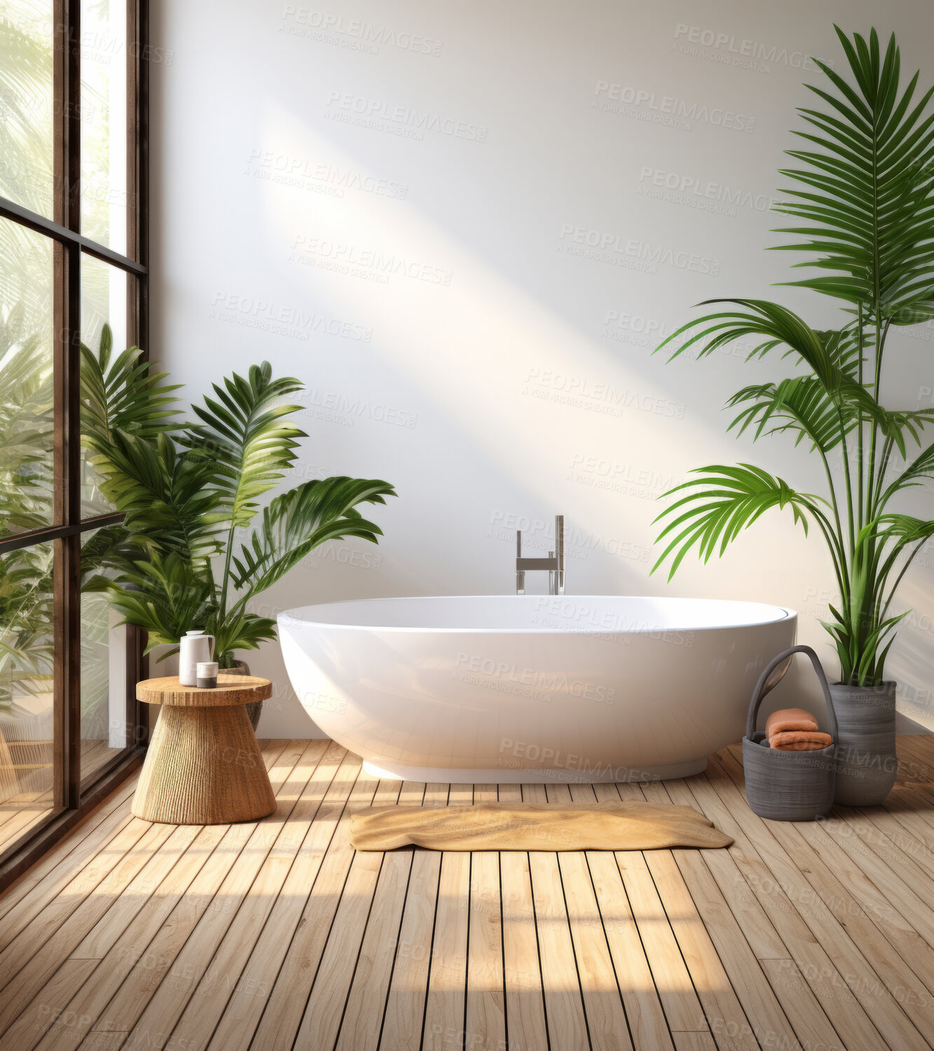 Buy stock photo Modern, bathtub and bathroom interior design with big window for apartment, hotel and home. Bright, clean and stylish wash room with white wall for ideas, inspiration and stylish indoor decoration