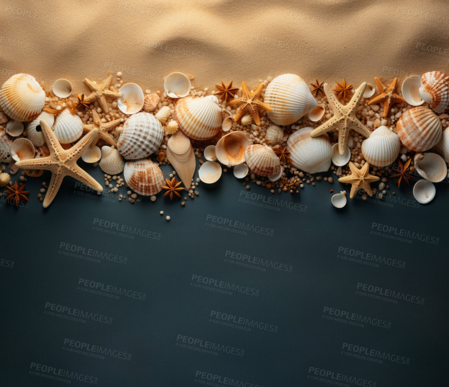 Buy stock photo Top down, seashells and beach starfish for travel, mock up and space in tropical, holiday and paradise on dream vacation. Background, summer wallpaper and relax in nature, island and blue backdrop