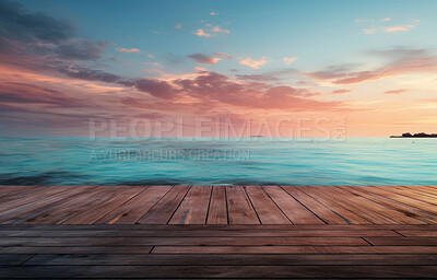 Wooden table, twilight and beach landscape with mock up or travel. Tropical paradise, dream vacation or island holiday, Background, summer wallpaper and relax in nature, sun and blue sea waves