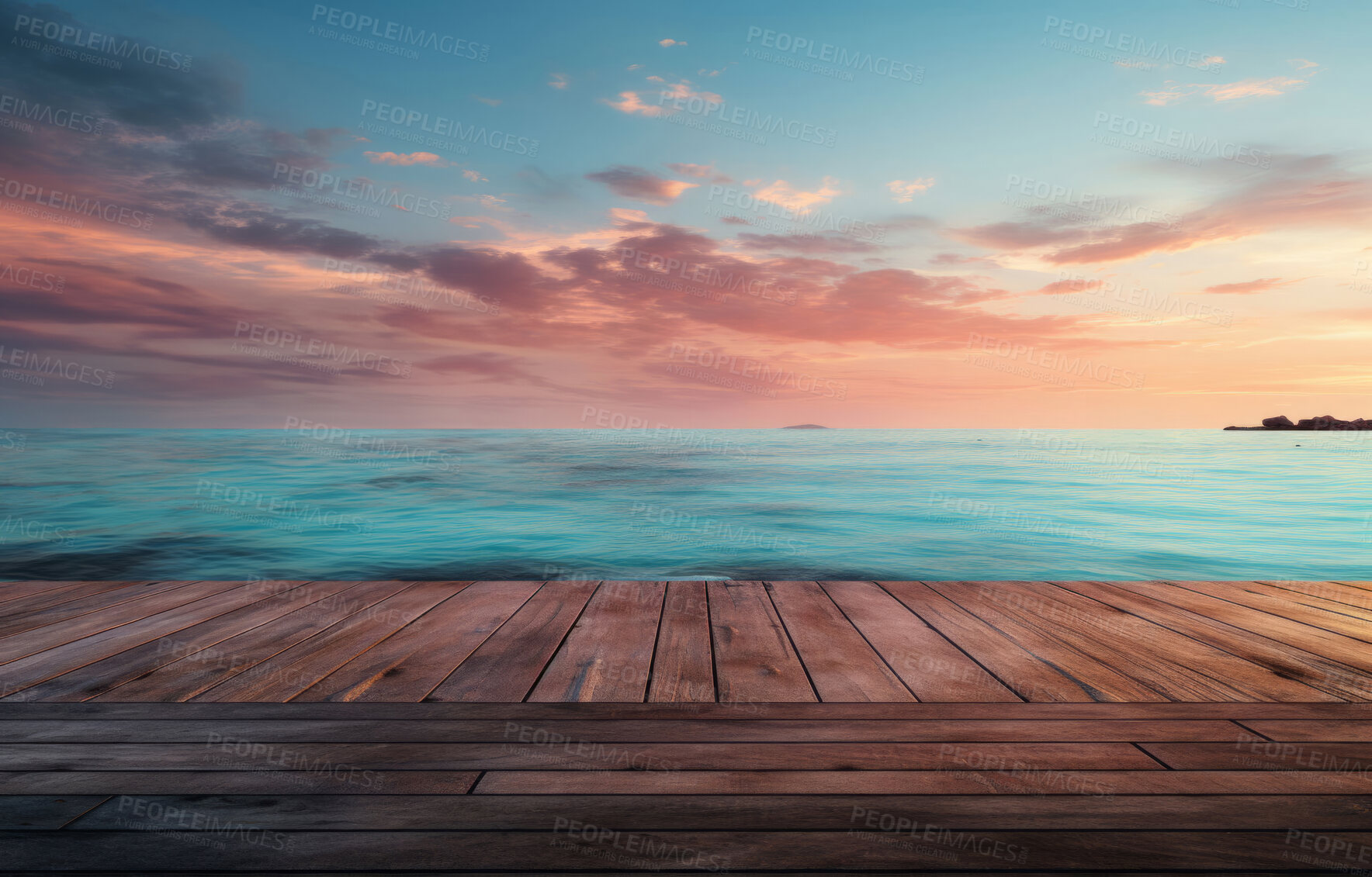 Buy stock photo Wooden table, twilight and beach landscape with mock up or travel. Tropical paradise, dream vacation or island holiday, Background, summer wallpaper and relax in nature, sun and blue sea waves