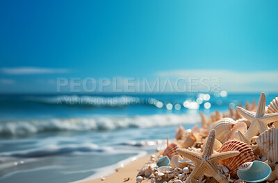 Closeup, seashells and beach starfish for travel, mock up and space in tropical, holiday and paradise on dream vacation. Background, summer wallpaper and relax in nature, island and blue backdrop
