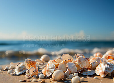 Closeup, seashells and beach starfish for travel, mock up and space in tropical, holiday and paradise on dream vacation. Background, summer wallpaper and relax in nature, island and blue backdrop
