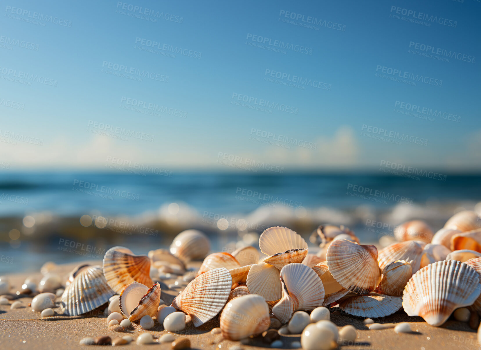 Buy stock photo Closeup, seashells and beach starfish for travel, mock up and space in tropical, holiday and paradise on dream vacation. Background, summer wallpaper and relax in nature, island and  blue backdrop