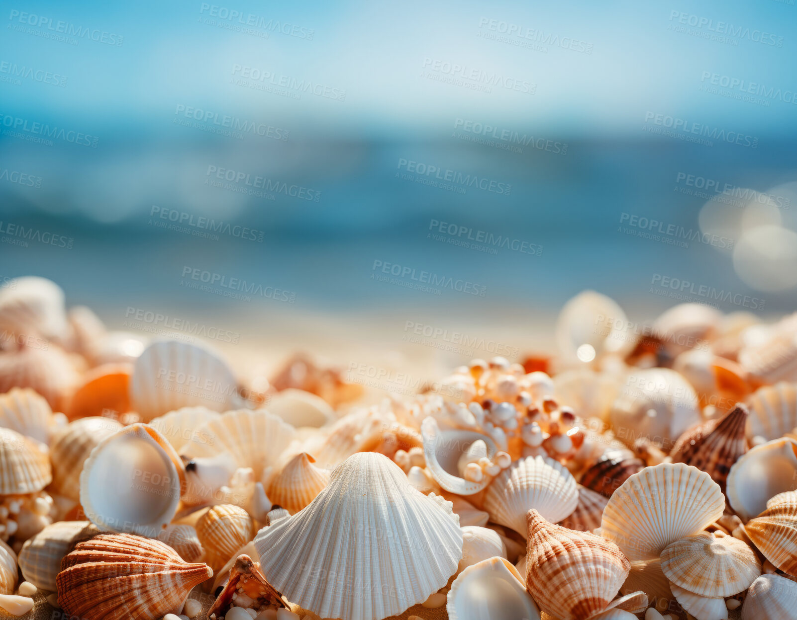 Buy stock photo Closeup, seashells and beach starfish for travel, mock up and space in tropical, holiday and paradise on dream vacation. Background, summer wallpaper and relax in nature, island and  blue backdrop