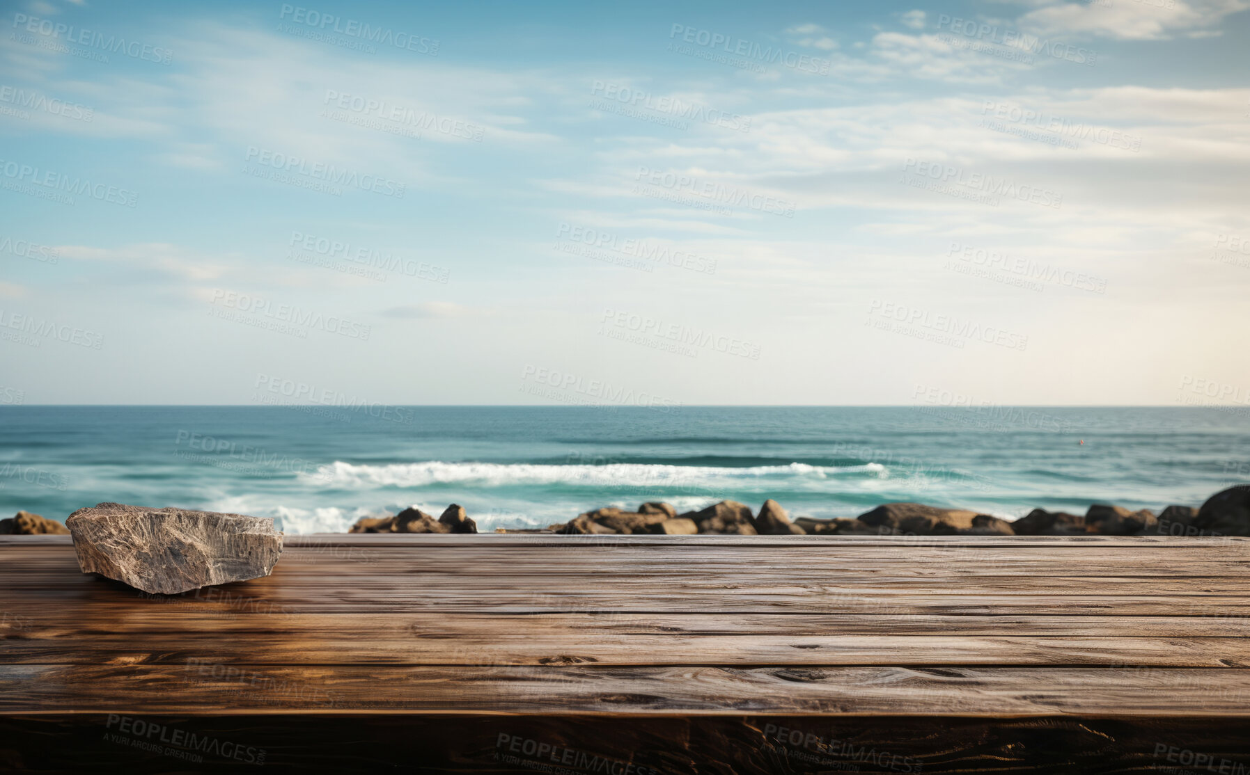 Buy stock photo Wooden table, sunset and beach landscape with mock up or travel. Tropical paradise, dream vacation or island holiday, Background, summer wallpaper and relax in nature, sun and blue sea waves