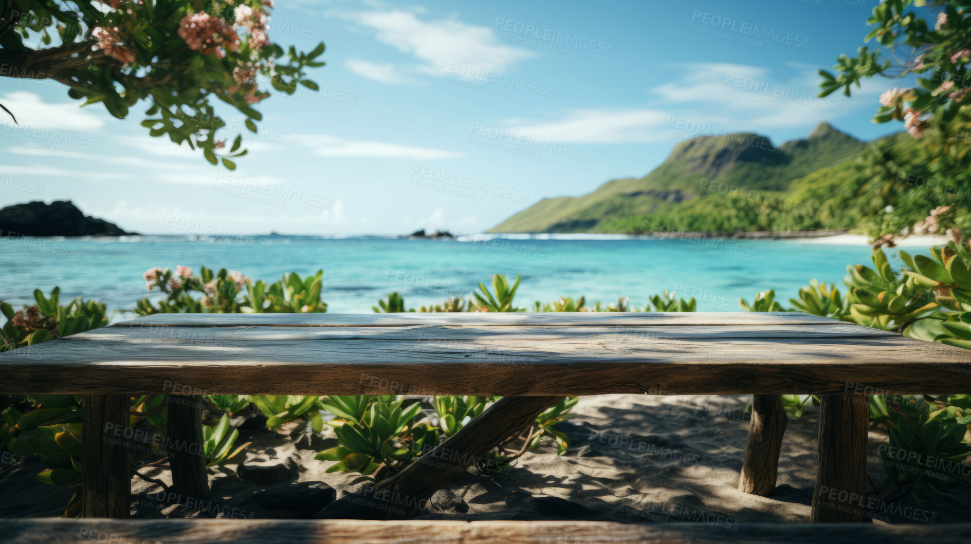 Buy stock photo Wooden table, tree and beach landscape with mock up or travel. tropical paradise, dream vacation or island holiday, Background, summer wallpaper and relax in nature, sun and blue sea waves in Maldives