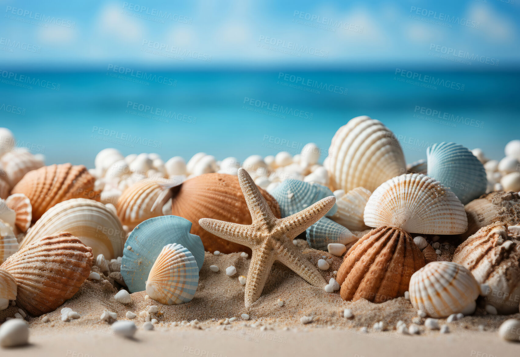 Buy stock photo Closeup, seashells and beach starfish for travel, mock up and space in tropical, holiday and paradise on dream vacation. Background, summer wallpaper and relax in nature, island and blue sea wave