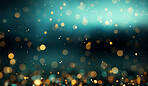 Gold, bokeh and glitter in a studio with green background for celebration, event or party. Mockup, sparkle and confetti for glow, magic or shine for festive decoration by black and green backdrop