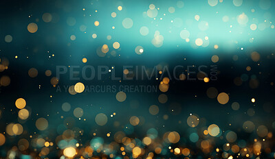 Gold, bokeh and glitter in a studio with green background for celebration, event or party. Mockup, sparkle and confetti for glow, magic or shine for festive decoration by black and green backdrop