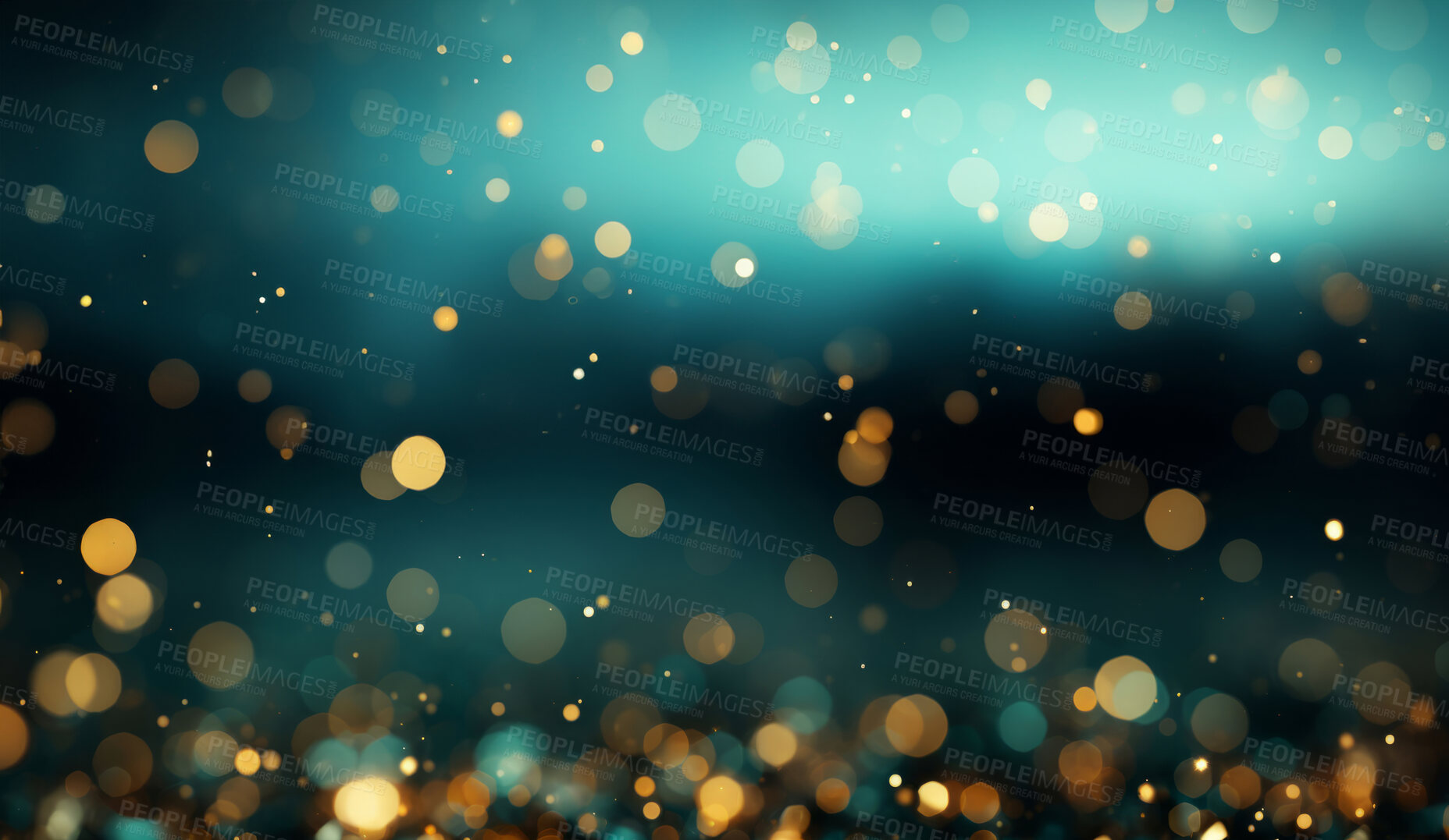 Buy stock photo Gold, bokeh and glitter in a studio with green background for celebration, event or party. Mockup, sparkle and confetti for glow, magic or shine for festive decoration by black and green backdrop