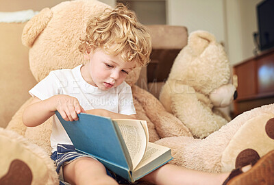 Buy stock photo Shot of an adorable little boy reading with his teddy bear at home