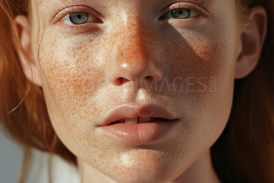 Young, female and beauty portrait of a woman or youth for skincare, health and cosmetics. Beautiful, confident and attractive person with freckles for dermatology, skin routine and hygiene in studio