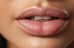 Woman, lips and cosmetics closeup of a female mouth for beauty, plastic surgery and treatment. Full, beautiful and texture of natural model with filler for makeup, nude lipstick shade and cosmetology