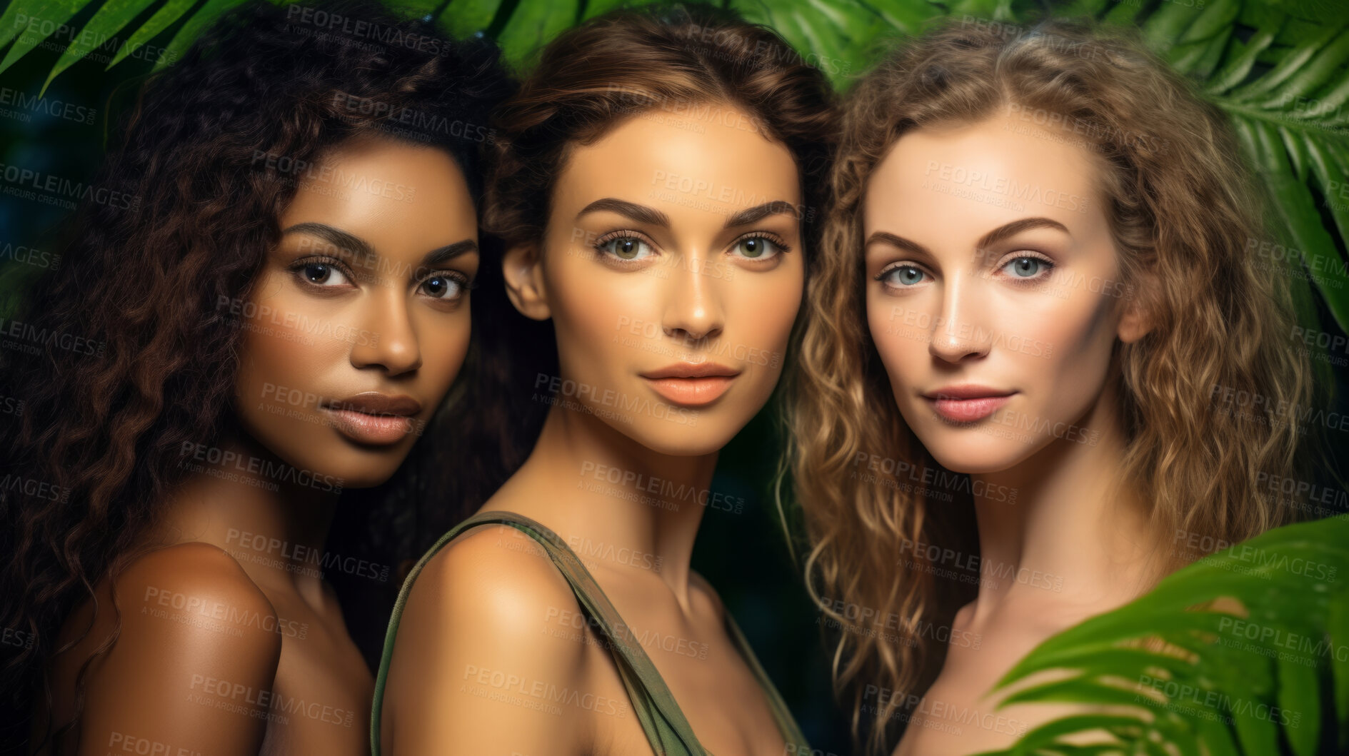 Buy stock photo Young, female and diverse portrait of a group of women or youth for skincare, health and cosmetics. Beautiful, confident and attractive people with glow for organic, eco friendly and sustainability