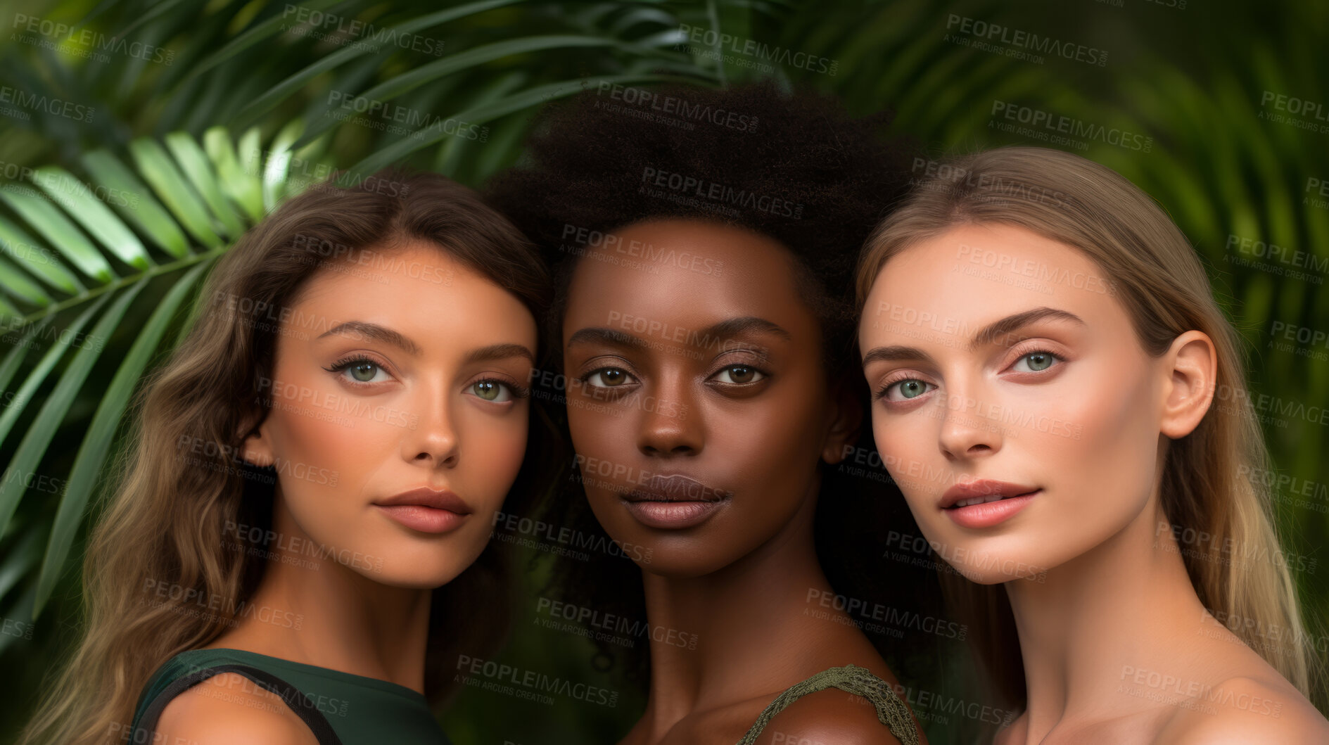 Buy stock photo Young, female and diverse portrait of a group of women or youth for skincare, health and cosmetics. Beautiful, confident and attractive people with glow for organic, eco friendly and sustainability
