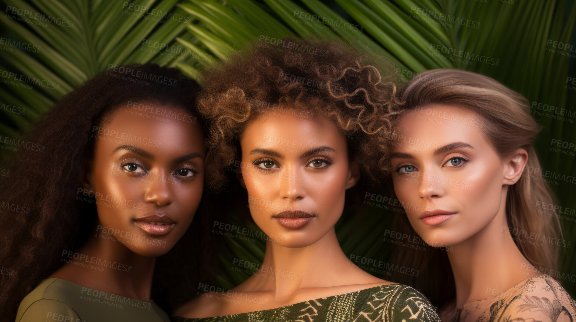 Buy stock photo Young, female and diverse portrait of a group of women or youth for skincare, health and cosmetics. Beautiful, confident and attractive people with glow for organic, eco friendly and sustainability