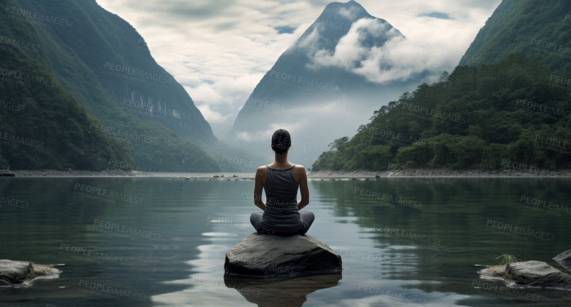 Buy stock photo Meditation, landscape and woman sitting on a rock at a lake for mindfulness and relax spirituality. Peaceful, stress free and focus in nature with view for mental health, zen and meditating practise