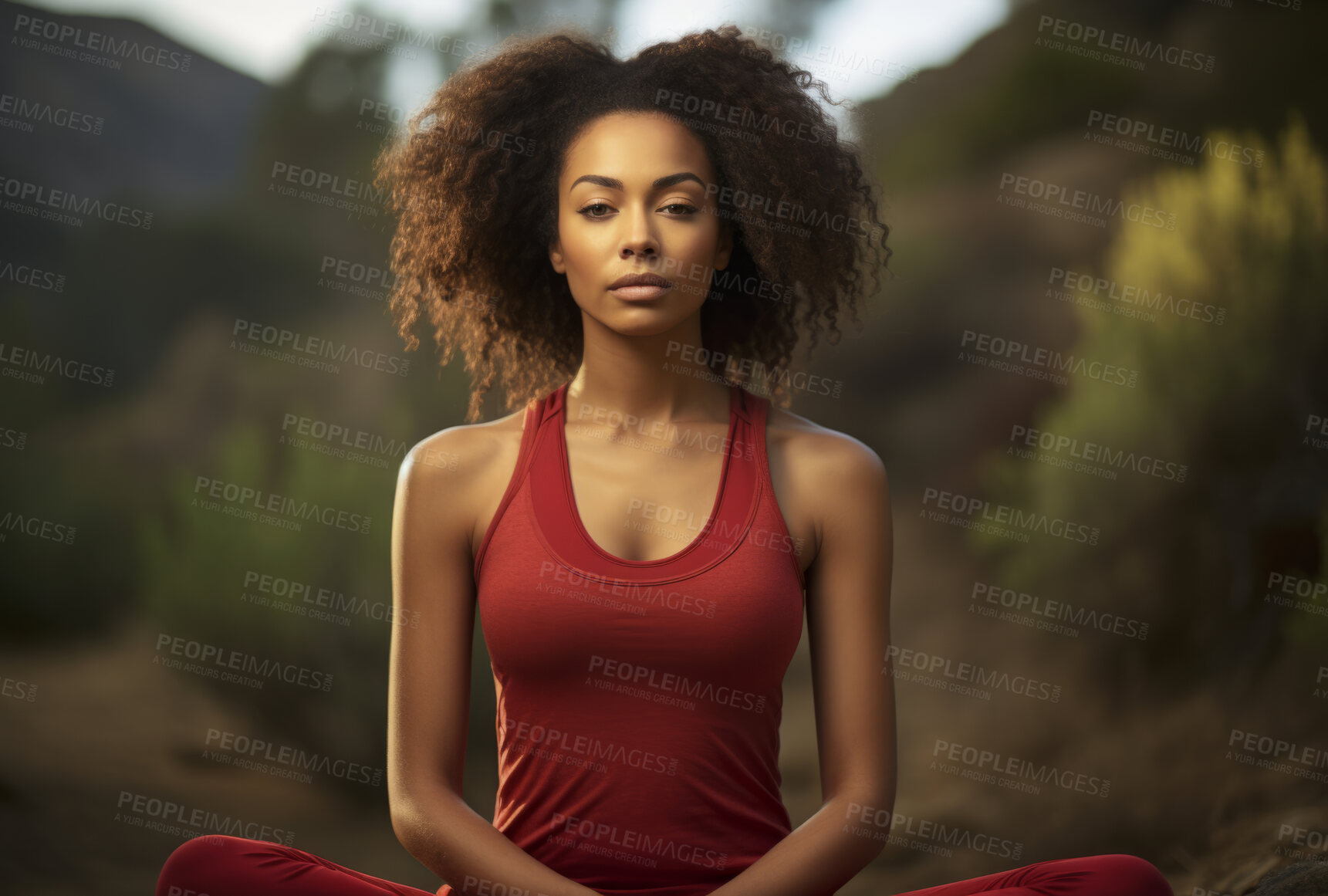 Buy stock photo Woman, meditation and practise in nature garden for mindfulness, spirituality and relax practise worship. Lotus position, deep breathing and religion for mental health, zen and stress free lifestyle