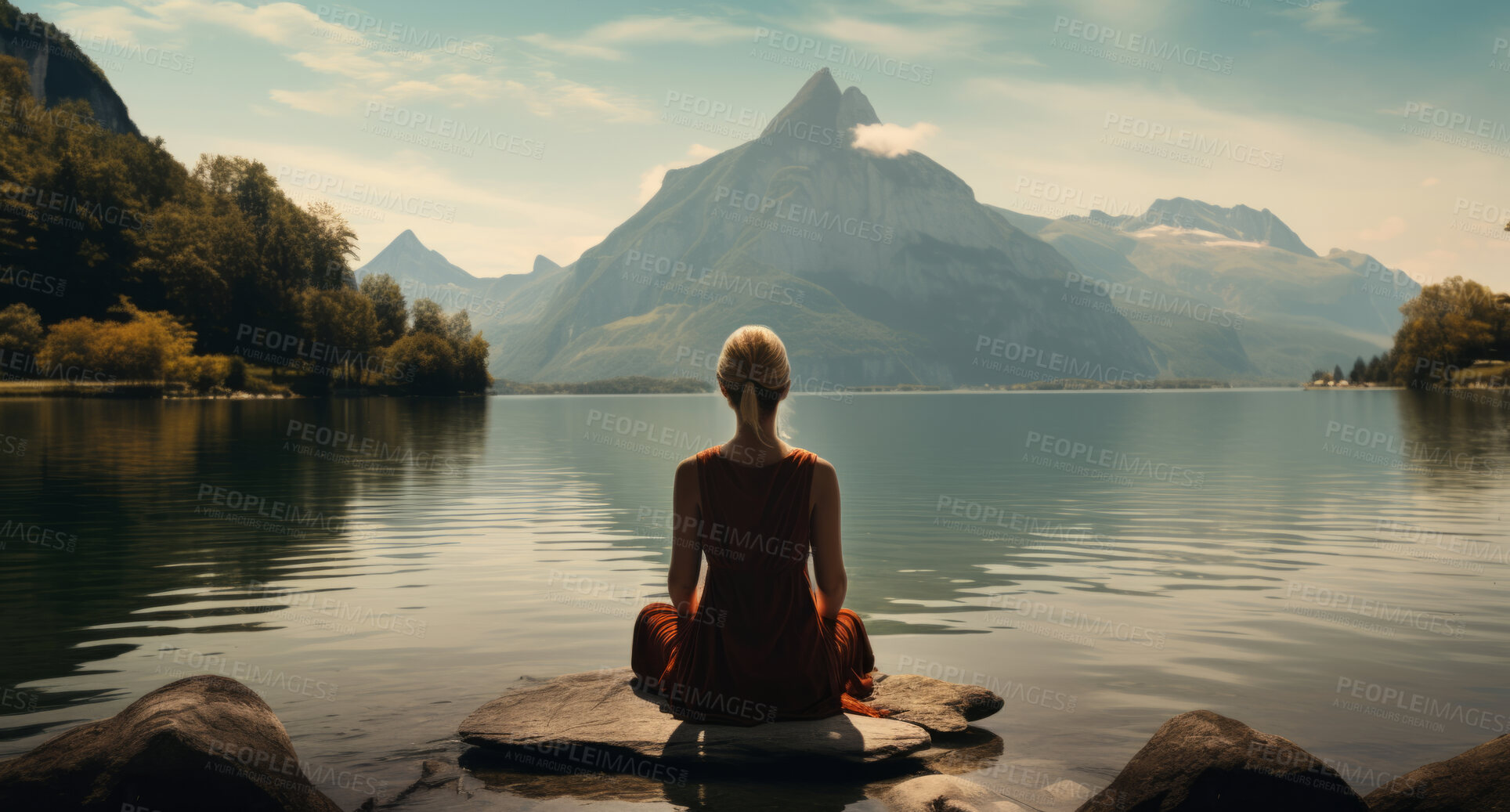 Buy stock photo Meditation, landscape and woman sitting on a rock at a lake for mindfulness and relax spirituality. Peaceful, stress free and focus in nature with view for mental health, zen and meditating practise