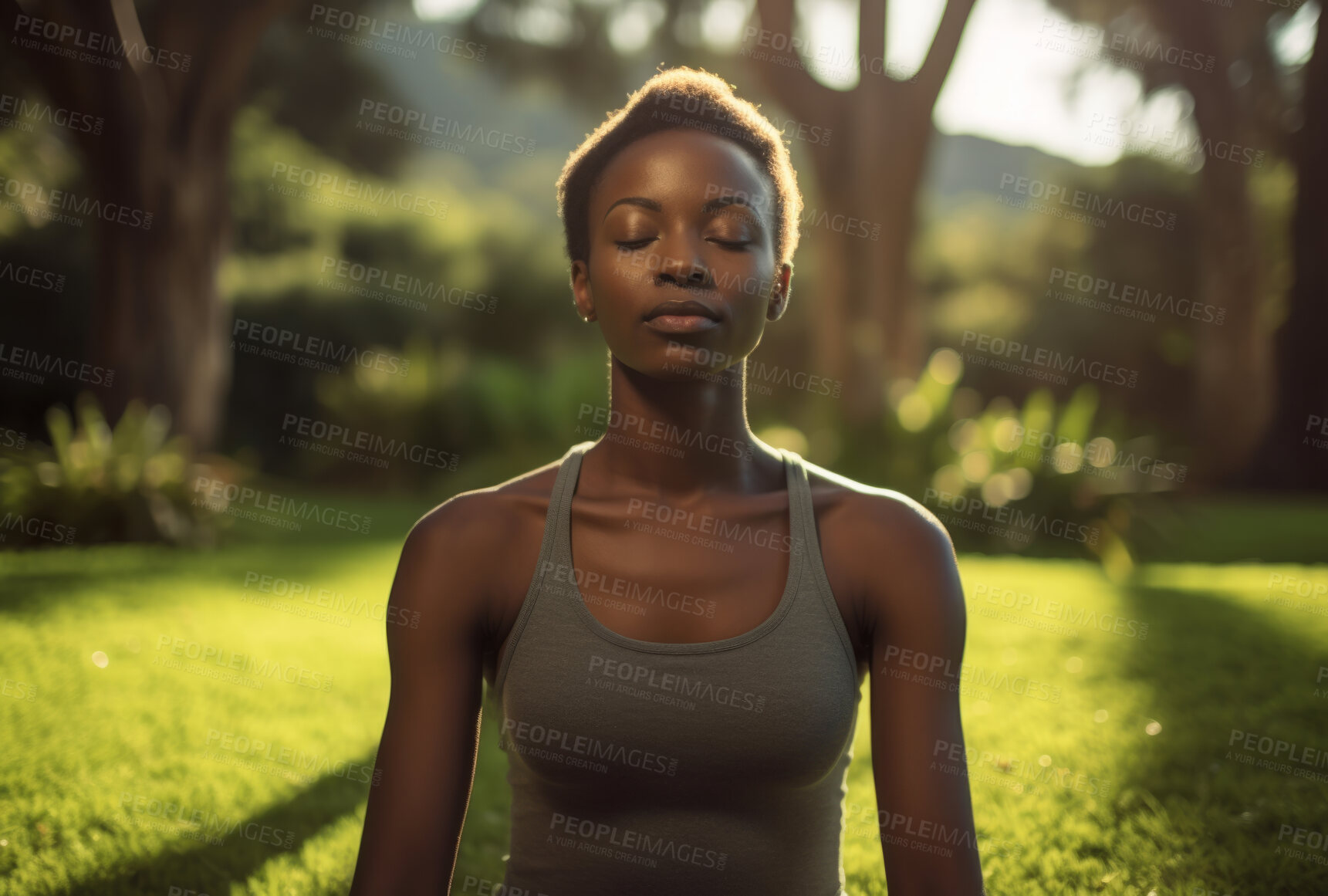 Buy stock photo Woman, meditation and practise in nature garden for mindfulness, spirituality and relax practise worship. Lotus position, deep breathing and religion for mental health, zen and stress free lifestyle