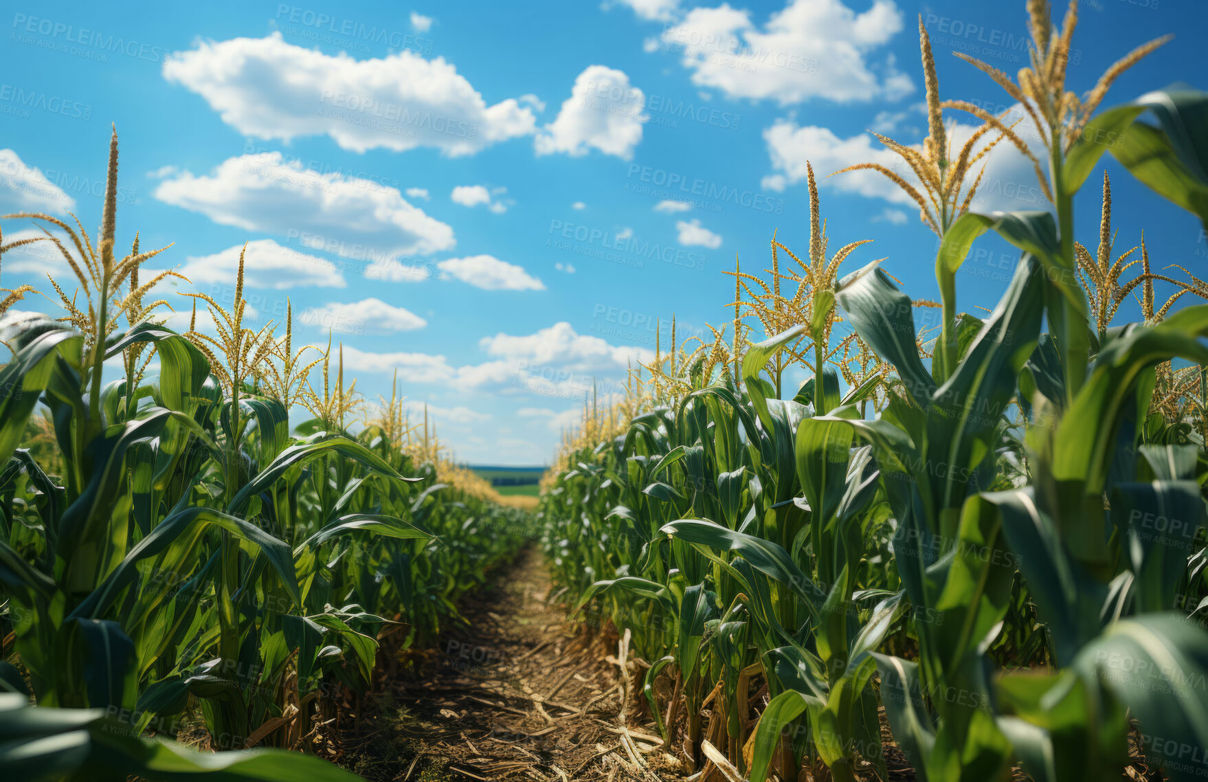 Buy stock photo Cornfield, farm and green pasture in nature with background, mockup space and sunshine. Agriculture, outdoor and summer in countryside, farm and growth with sustainability, development and landscape