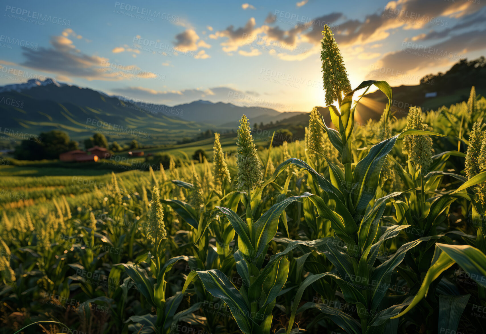 Buy stock photo Cornfield, farm and green pasture in nature with background, mockup space and sunshine. Agriculture, outdoor and summer in countryside, farm and growth with sustainability, development and landscape