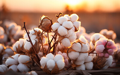 Closeup, cotton field and sunsets in nature with sky background. Agriculture, outdoor and summer in countryside, farming and growth with sustainability, development and landscape for industry