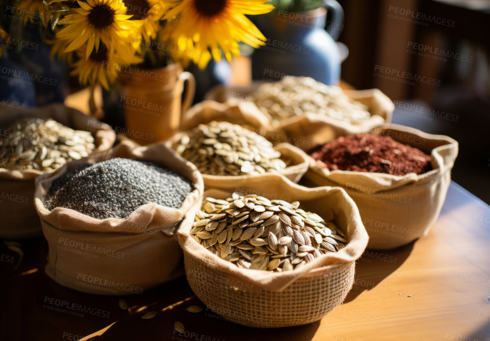 Buy stock photo Closeup, seeds and sunflower on table from farming, agriculture and environment harvest. Organic food, plantation and nutritious produce in bags for service industry, agribusiness and sustainability