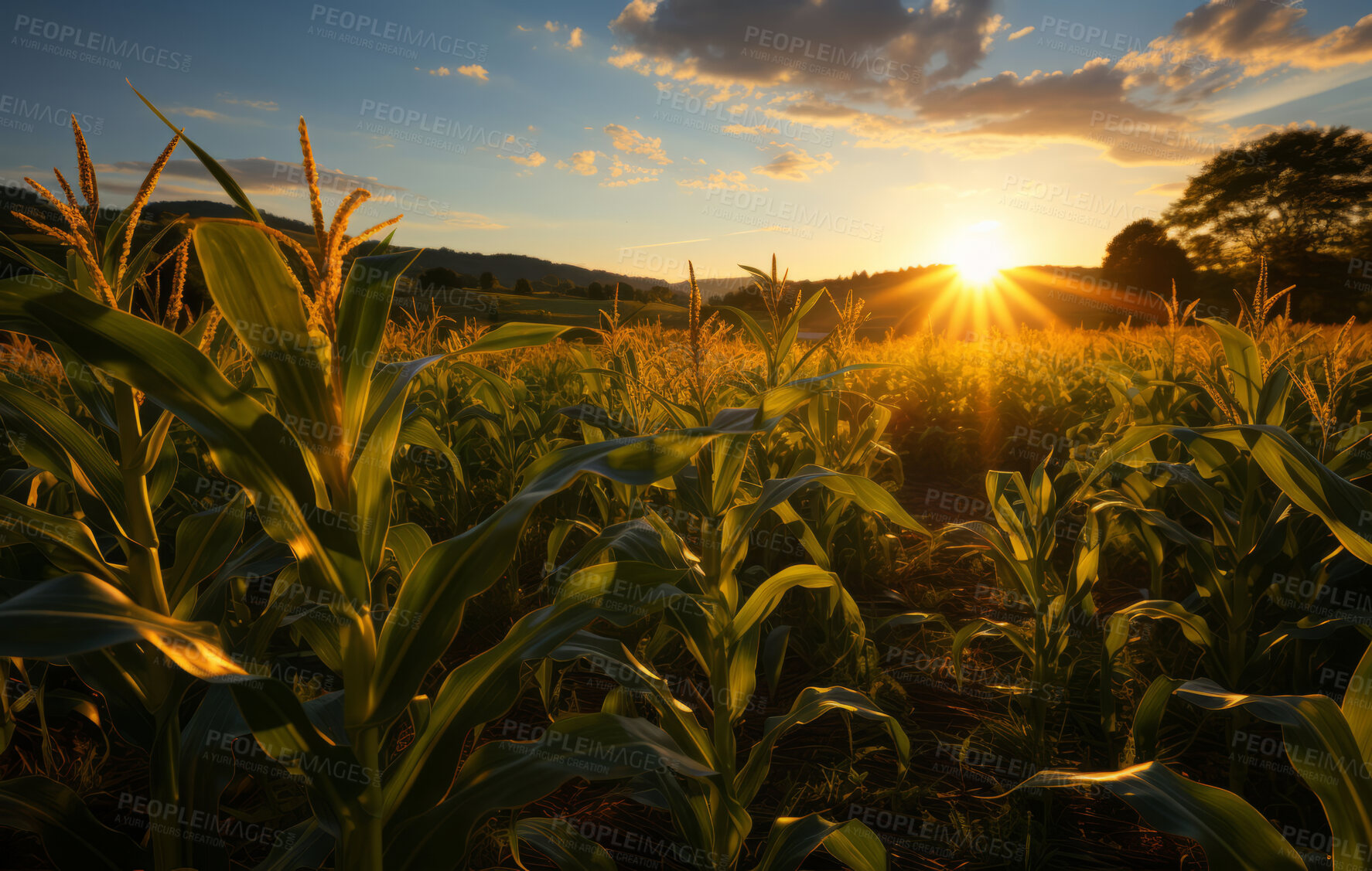 Buy stock photo Cornfield, farm and sunset in nature with sky background, mockup space and sunshine. Agriculture, outdoor and summer in countryside, farm and growth with sustainability, development and landscape