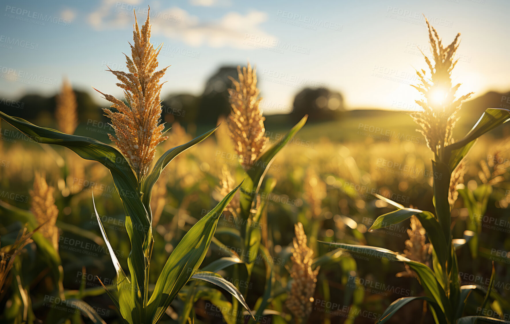 Buy stock photo Cornfield, farm and sunset in nature with sky background, mockup space and sunshine. Agriculture, outdoor and summer in countryside, farm and growth with sustainability, development and landscape