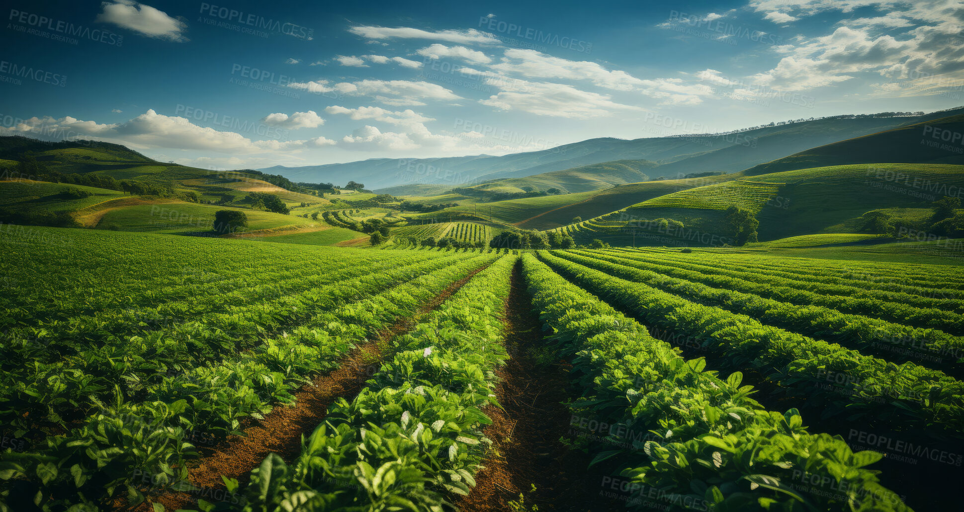 Buy stock photo Agriculture, sustainability and farm with plants, field and countryside for organic, spring and growth with nobody. Landscape, ecology and environment with soil, vegetables and nature resources