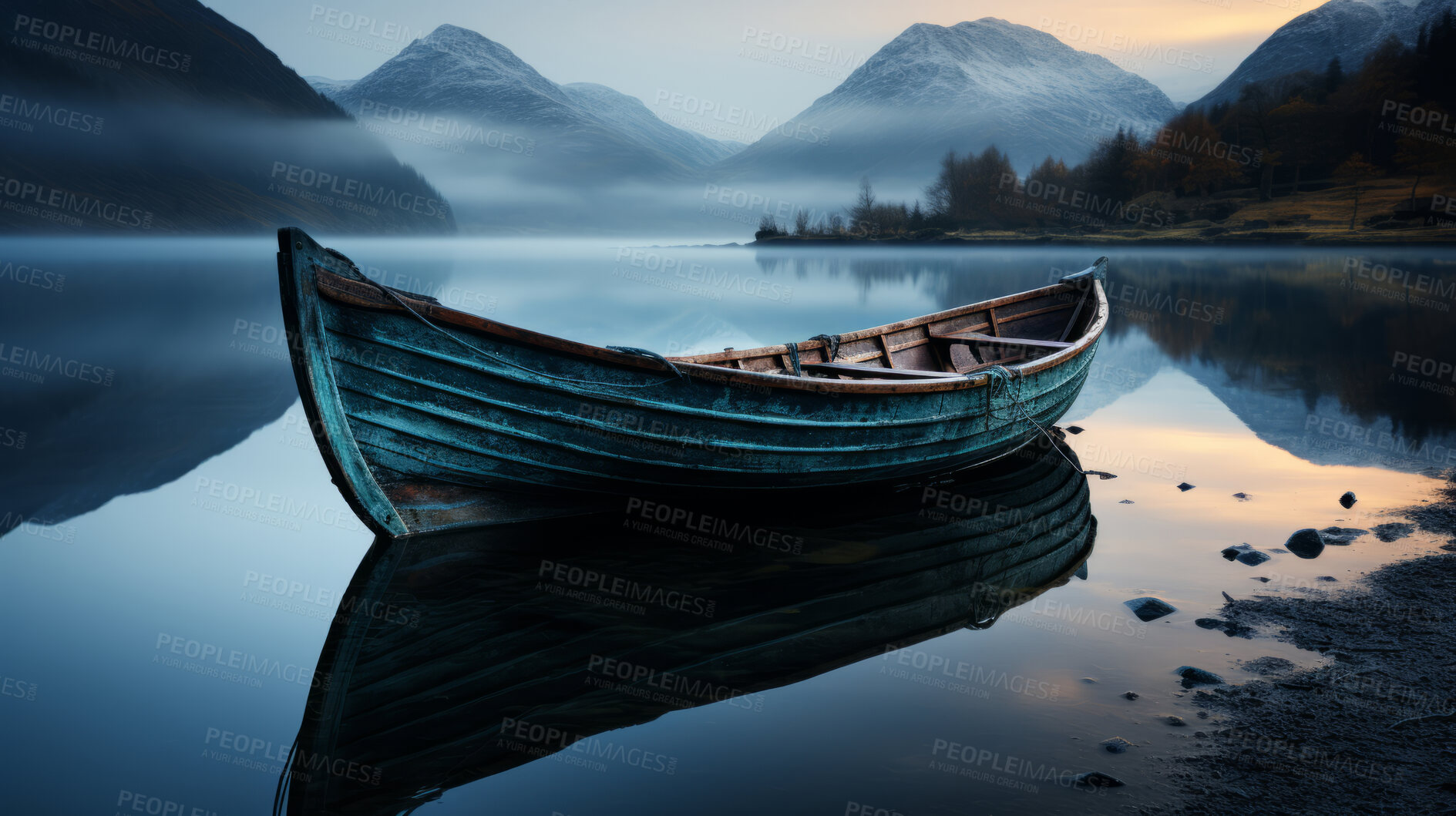 Buy stock photo Boat, transport and lake for traveling, rent and exploration on river. Kayak, fishing, and relaxing for tourism, holiday or peaceful vacation, competition and mountain peaks with water landscapes