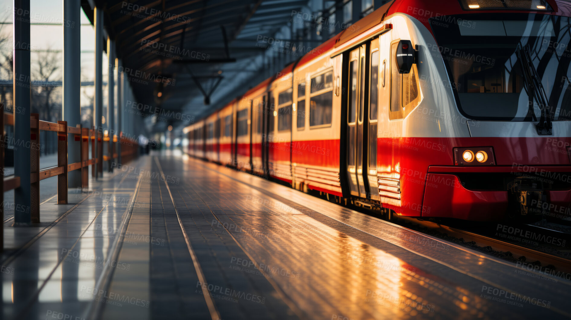 Buy stock photo Vehicle traveling, passenger train and railway station for commercial. High speed, modern and fast automobile for economy or professional transportation. Express, Industry and modern technology