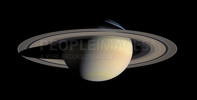 Buy stock photo Saturn, planet and universe for solar system, nebula or science with mock up space on black background. Galaxy, rings or innovation with research, milky way or astrology for exploration and discovery