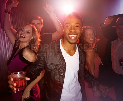 Buy stock photo Party, happy or friends in a club to dance in celebration of New Years or fun Birthday with black man or alcohol. Excited, diversity or happy people dancing to disco music at crazy social event night