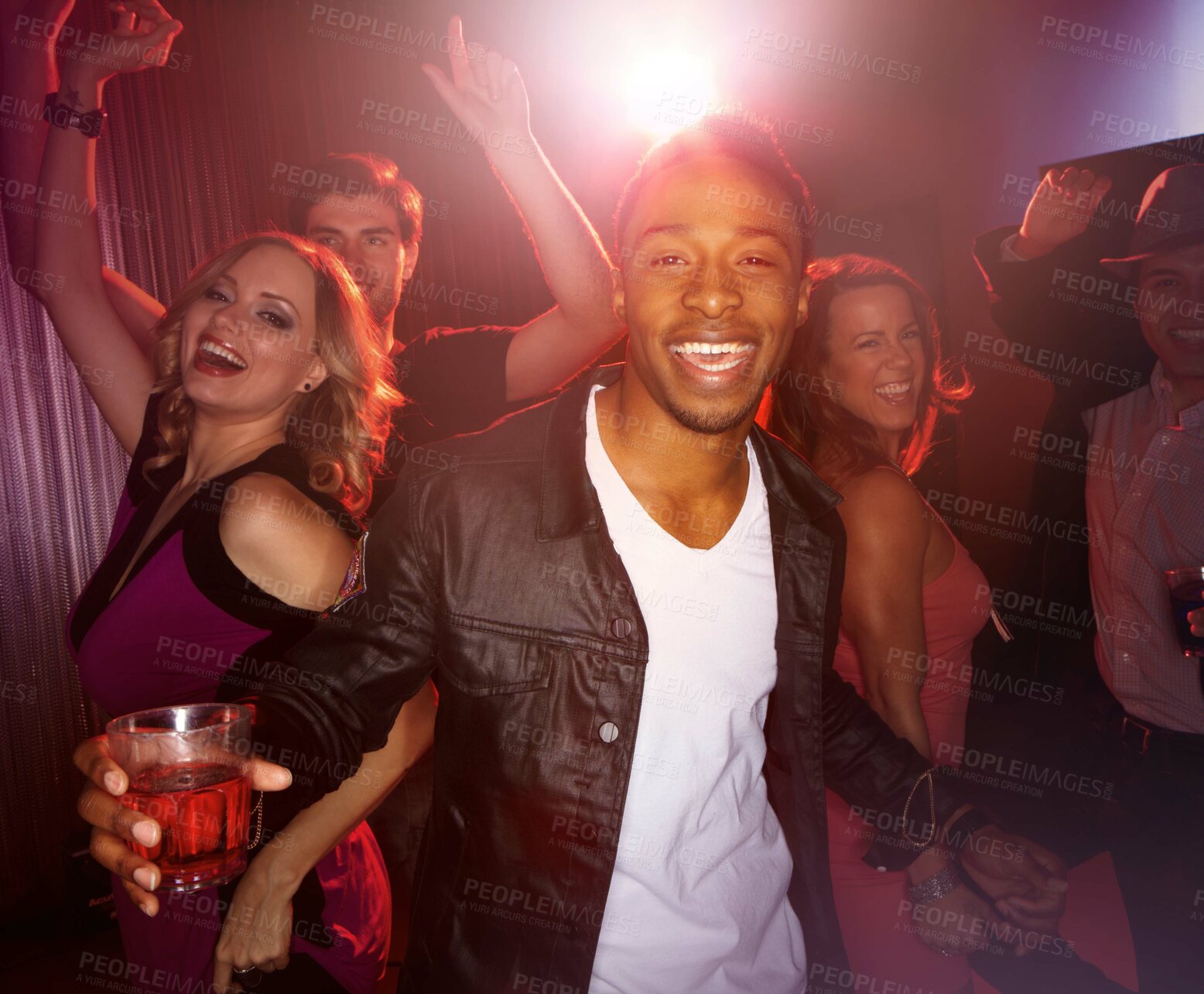 Buy stock photo Party, happy or friends in a club to dance in celebration of New Years or fun Birthday with black man or alcohol. Excited, diversity or happy people dancing to disco music at crazy social event night