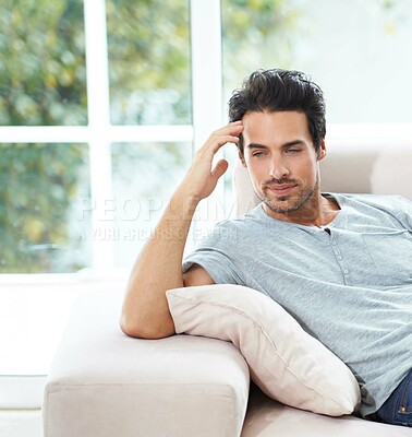 Buy stock photo Man, thinking and sofa for sad grief in home for lonely mourning, broken heart or stress. Male person, unhappy thoughts on couch for depressed risk or loss problem from anxiety, mental health or fail