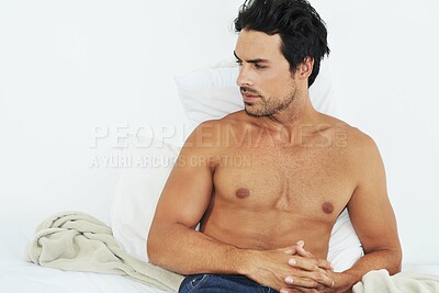 Buy stock photo Idea, wake up and a shirtless man in the bedroom of his apartment to relax alone in the morning. Thinking, body and weekend with a young person sitting on the bed of a home at the start of his day