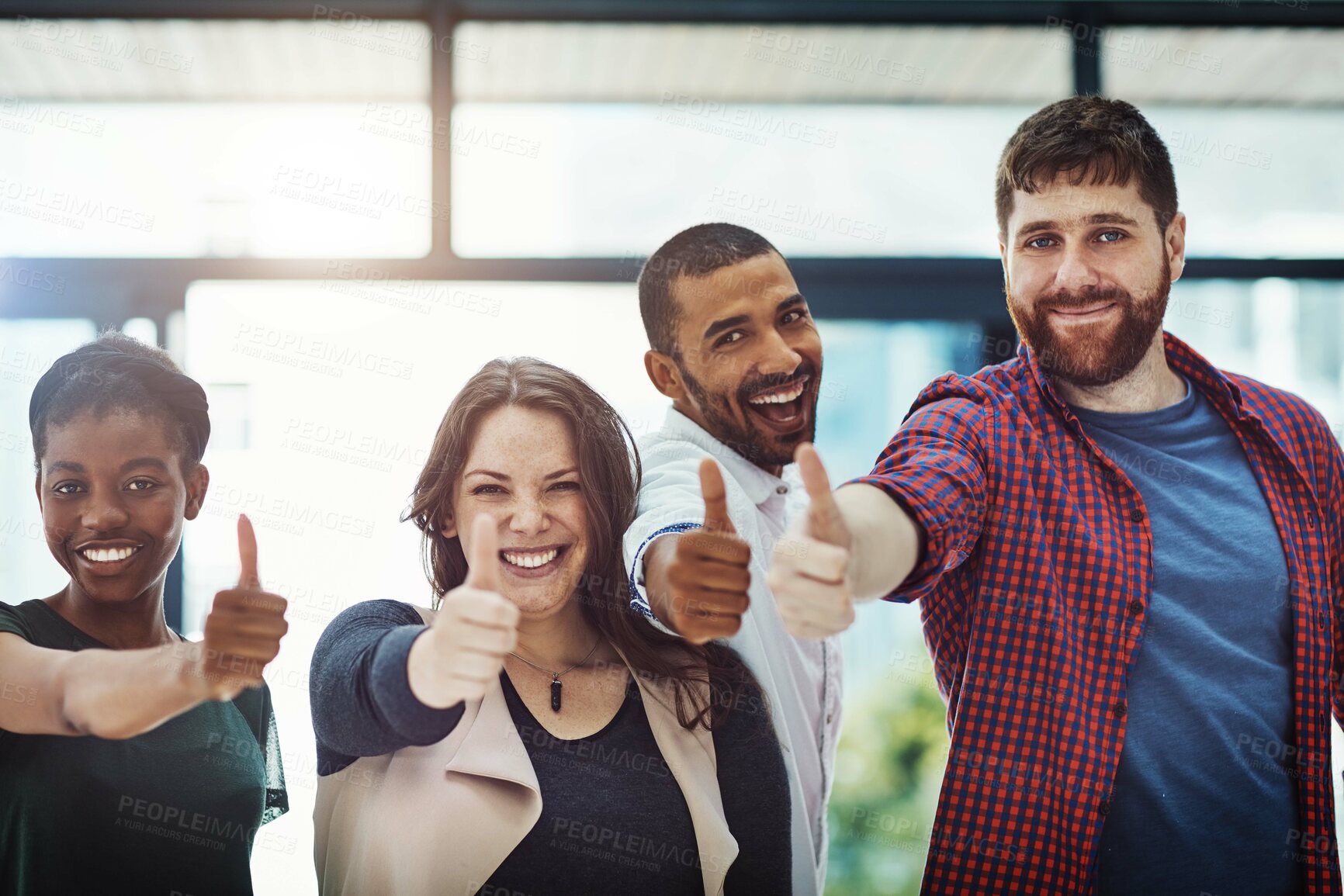 Buy stock photo Teamwork, support and trust with a thumbs up from happy colleagues collaborating. Excited partners uniting, showing trust and success with a winning gesture. Community working together towards a goal