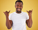 Man, portrait and cool hand gesture in studio on yellow background for hang loose, good mood or relax weekend. Black person, model and face for finger emoji for chill out, stress relief or greeting