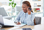 Black woman, speaker phone call and laptop with thinking, reading and networking with accounting advice. African financial advisor, person and smartphone for contact, happy and computer with vision